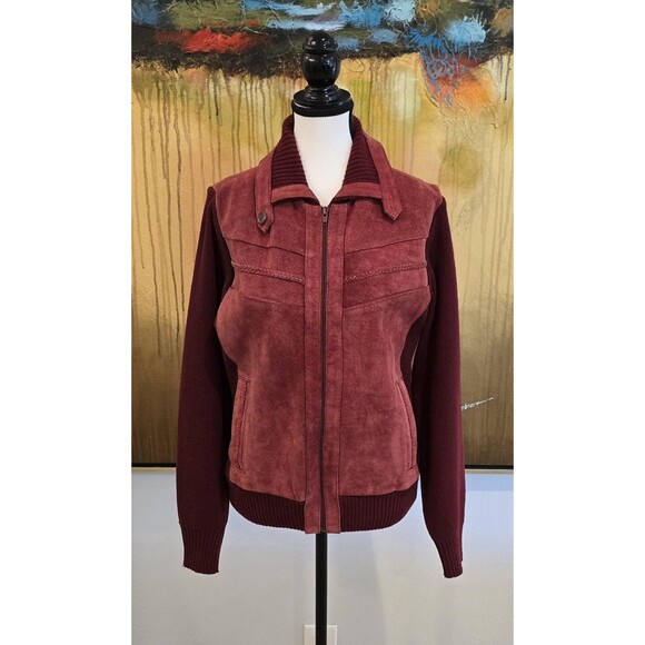 60s/70s VTG Rene De France Womens Small Burgundy Suede Leather Knit Jacket - Picture 1 of 16
